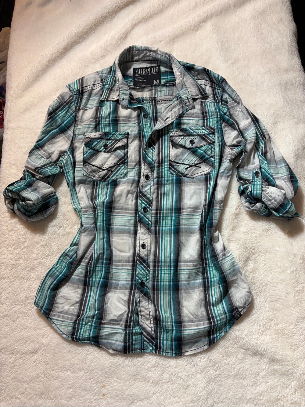 Surplus Teal and Gray Plaid Button-Down Shirt - Women’s Casual Fit